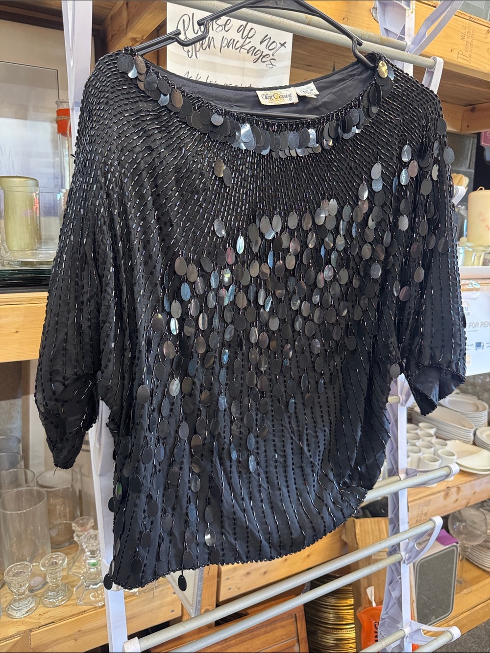 Oleg Cassini Black Sequin Drop-Detail Short Sleeve Top